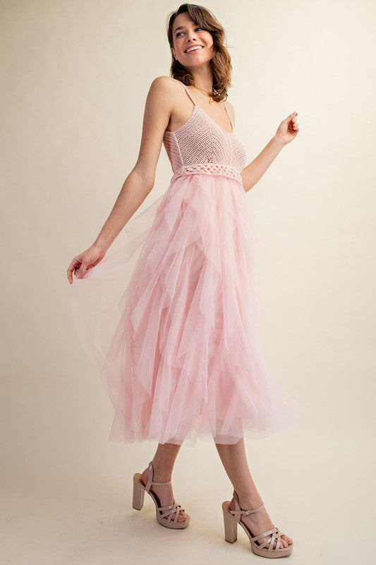 Sweet Generis Crocheted Tulle Cami Midi Dress in Pink or Black