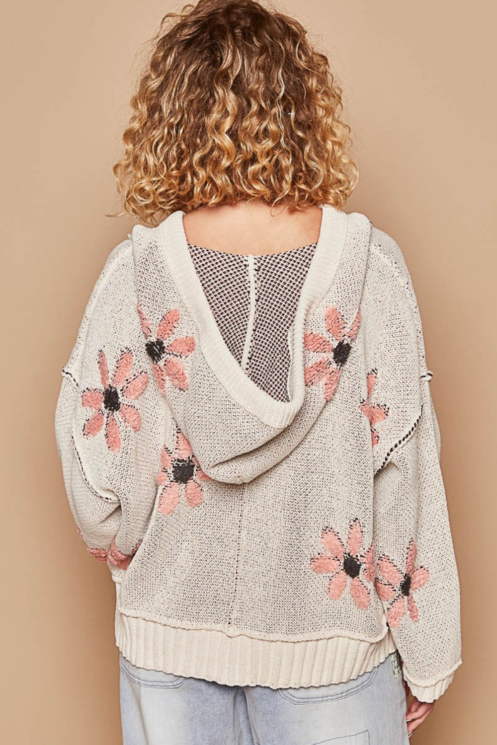 POL Floral Pattern Hooded High-Low Hem Sweater in Pale Almond