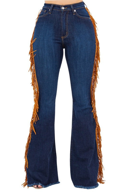 GJG Denim Texas Sun Gold Fringe Bell Bottom Jeans in Dark Blue 30" Inseam