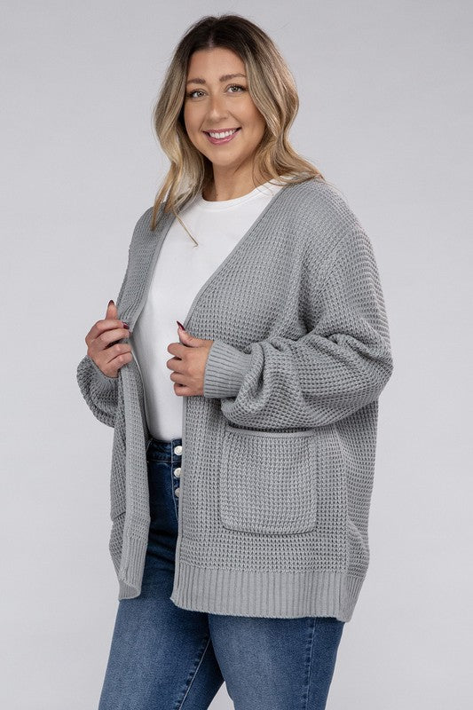 Zenana Plus Waffle-Knit Open Front Tunic Cardigan Sweater with Pockets in 5 Colors