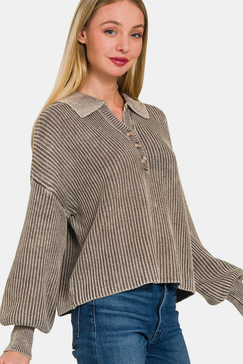 Zenana Color Wash Ribbed Half Button Collared V-Neck Sweater in Mocha Brown