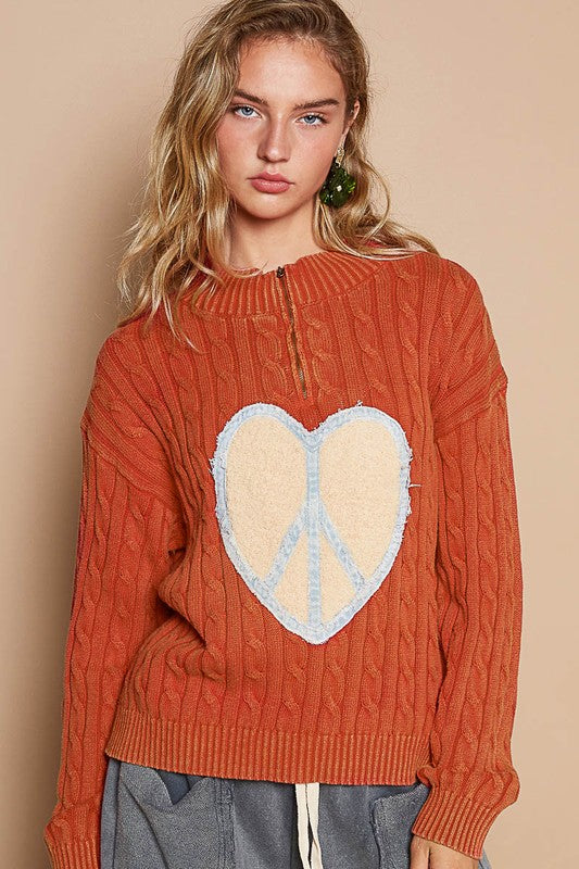 POL Heart Peace Patch Half Zip Cable-Knit Sweater in Orange-Red Multi NWT