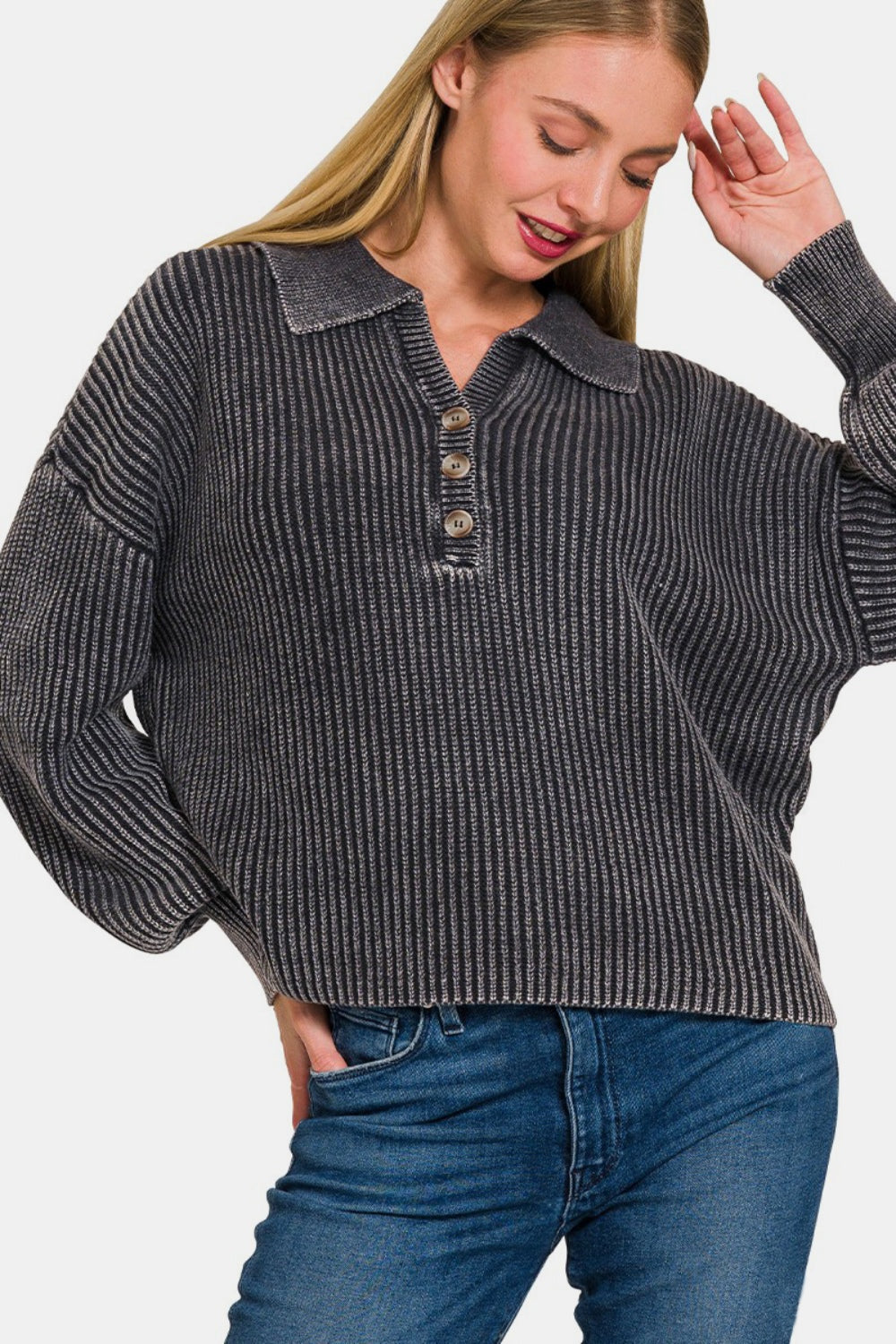 Zenana Color Wash Ribbed Half Button Collared V-Neck Sweater in Black