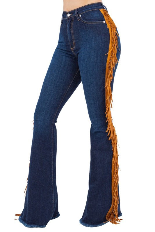 GJG Denim Texas Sun Gold Fringe Bell Bottom Jeans in Dark Blue 30" Inseam