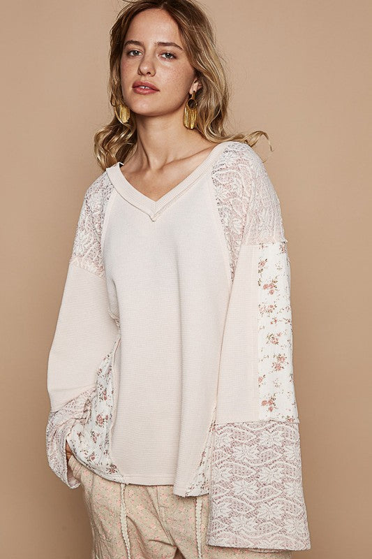 POL Lace Floral Patchwork Bell Sleeve Knit V-Neck Top in Eggshell Multi NWT