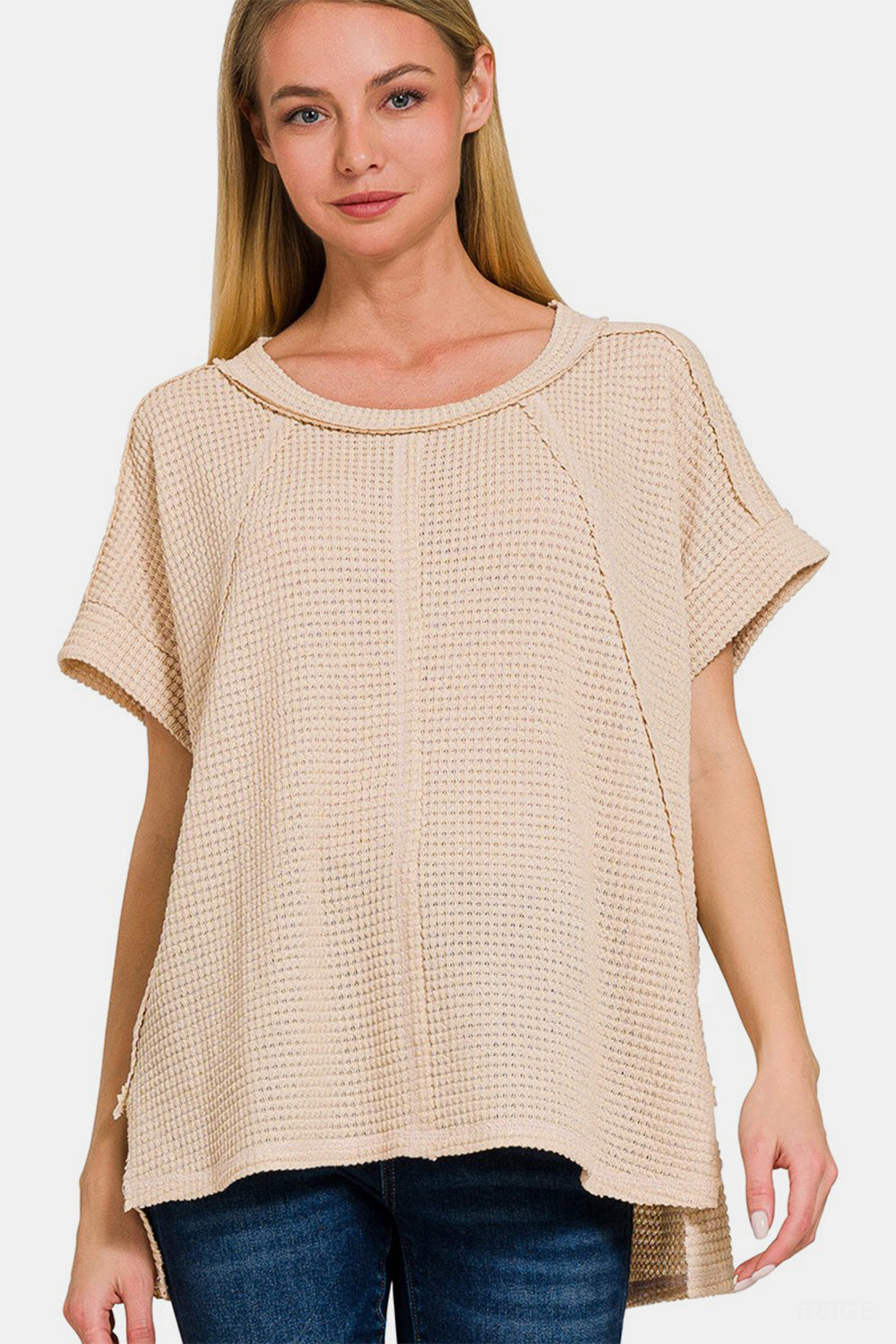 Zenana Waffle-Knit Exposed-Seam Short Sleeve T-Shirt in Beige