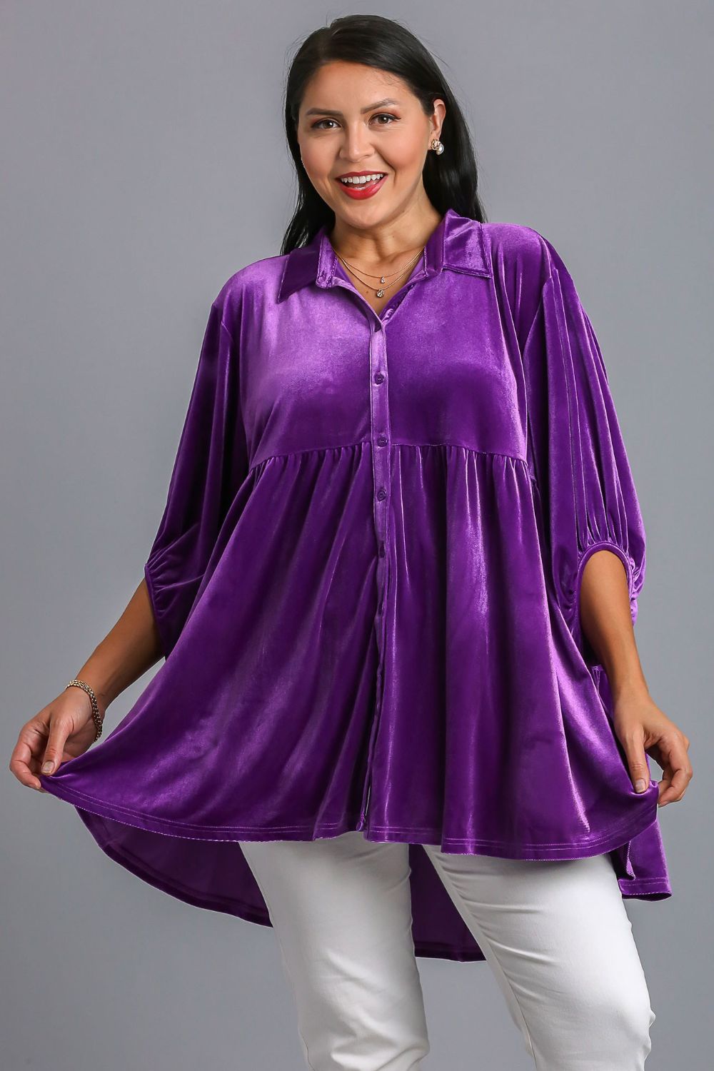 Umgee Full Size Tiered Velvet High Low Hem Tunic Button-Down Shirt in Violet Purple NWT