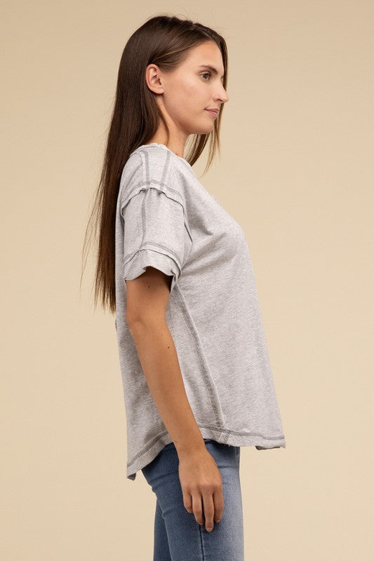 Zenana Cotton Raw Edge Short Sleeve Henley T-Shirt in 4 Colors