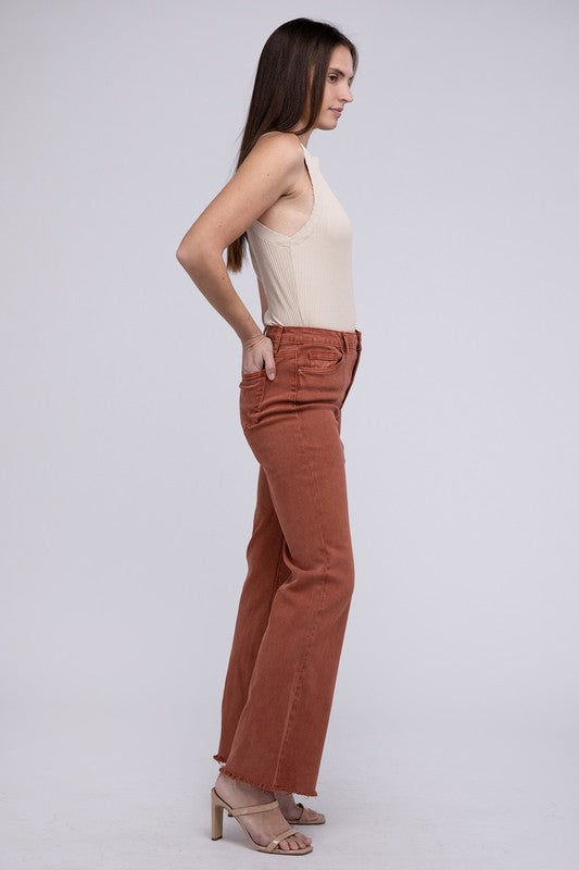 Zenana Color Washed Cotton Raw Hem Wide Leg Jeans in 6 Colors