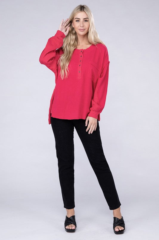 Zenana Double Cotton Gauze Oversized Raw Hem Henley Shirt in 8 Colors