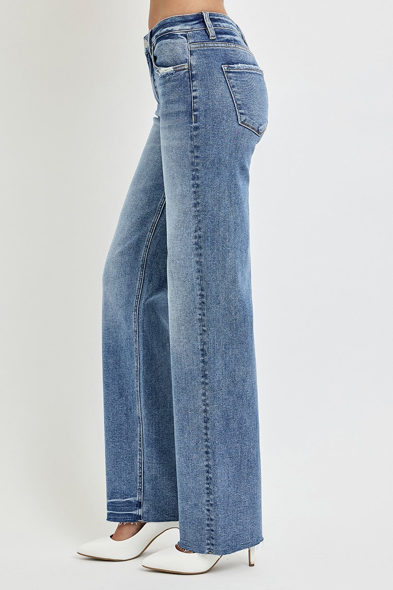 RISEN Full Size High Rise Straight Leg Jeans with Pockets in Medium Wash Blue