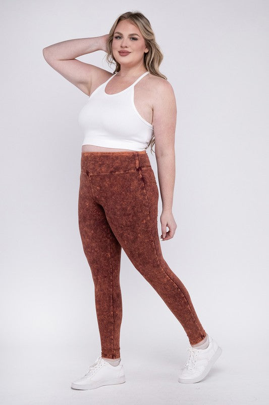 Zenana Plus Mineral Washed Wide Waistband Leggings / Yoga Pants in 3 Colors