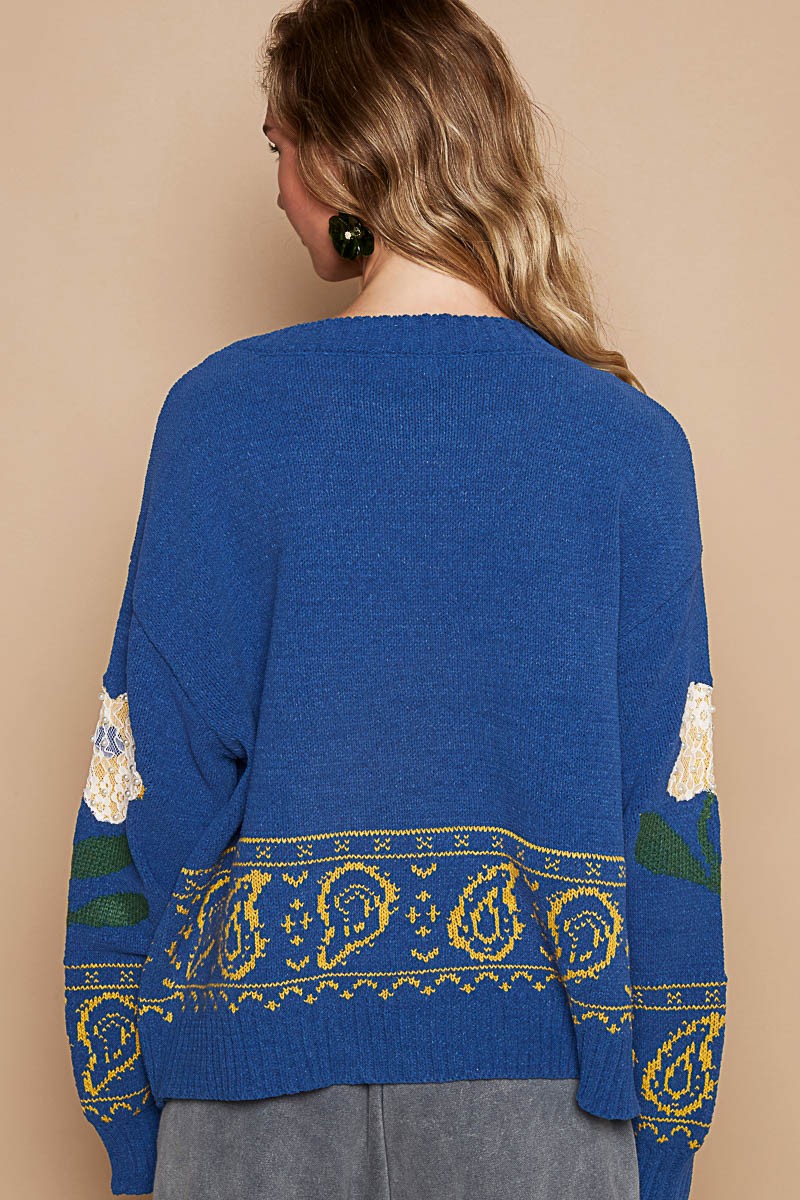 POL Flower Lace Patch Long Sleeve Sweater in Blue Multi