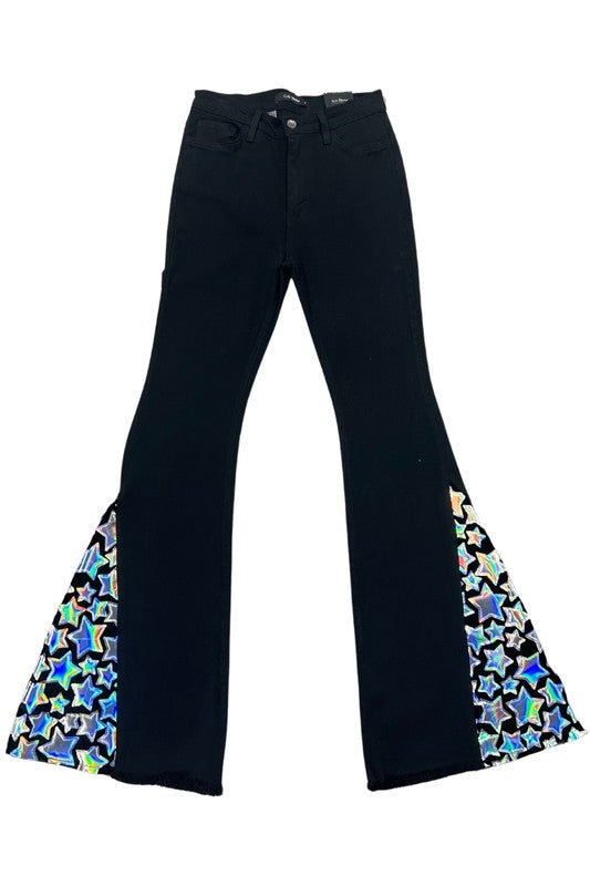 GJG Denim Star Struck Hologram Insert Raw Hem Bell Bottom Jeans in Black Multi NWT