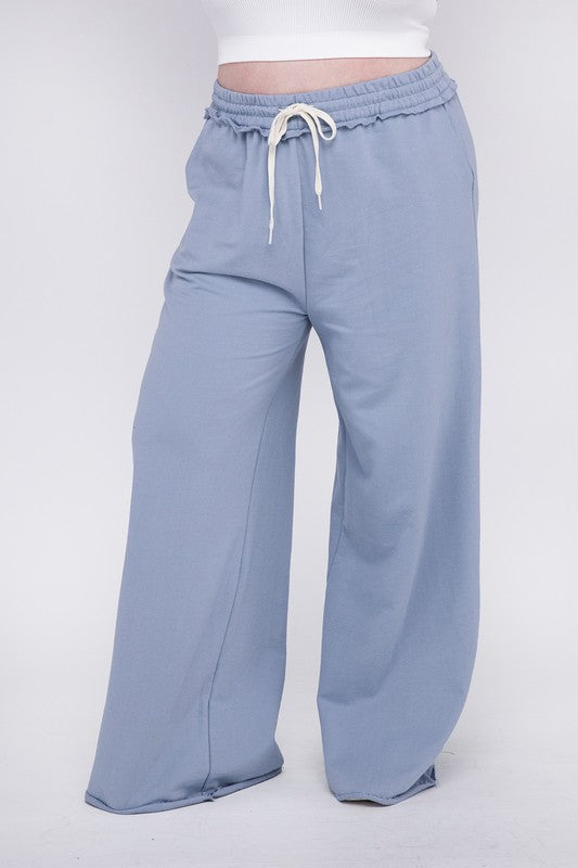 Zenana Plus French Terry Raw Hem Wide Leg Sweatpants in Ash Blue or Dusty Pink