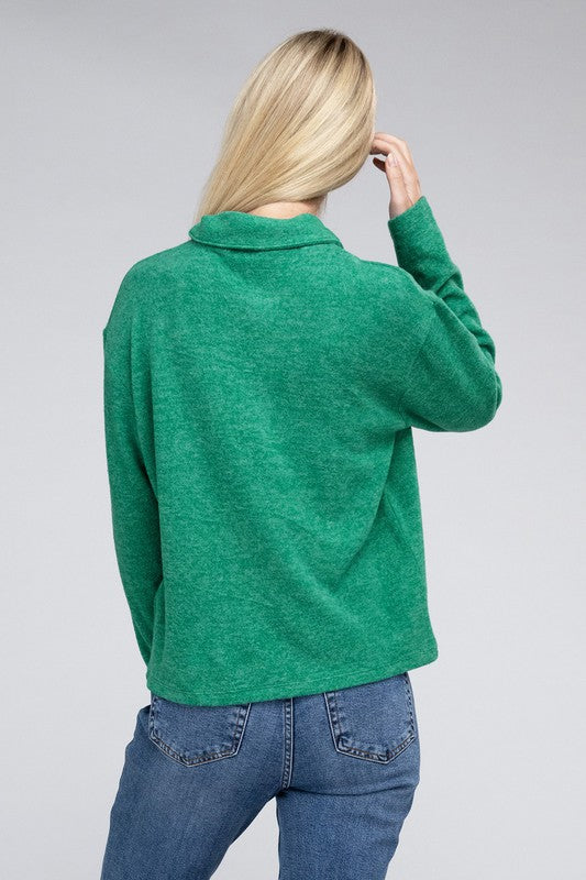 Zenana Brushed Melange Button Front Collared V-Neck Sweater in 5 Colors