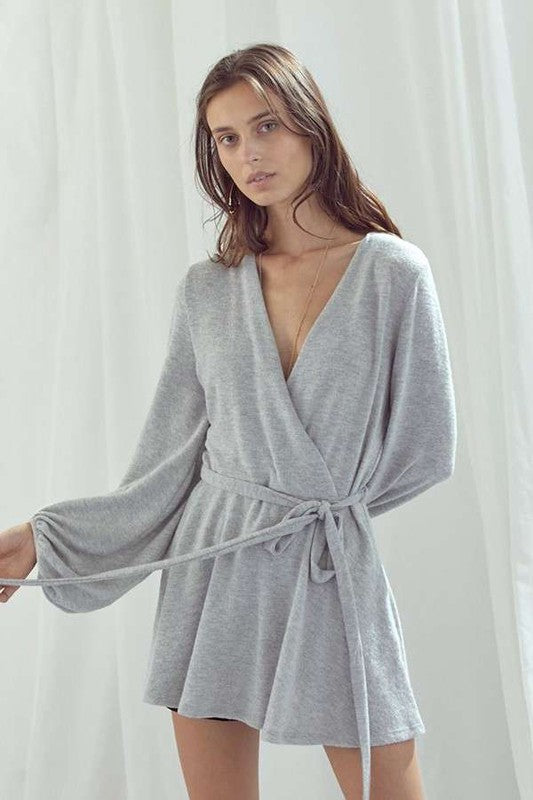 JADE BY JANE BUBBLE LONG SLEEVE WRAP TUNIC in HEATHER GRAY