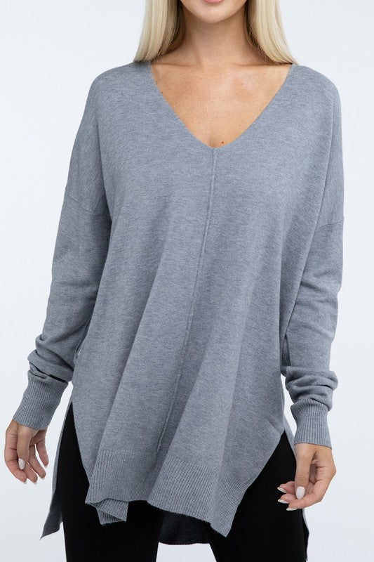 Zenana Front Seam Side Slit V-Neck Tunic Sweater in 5 Colors