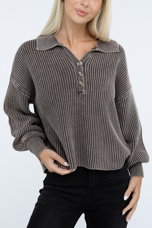 Zenana Color Washed Ribbed Collared Henley V-Neck Sweater in 6 Colors NWT