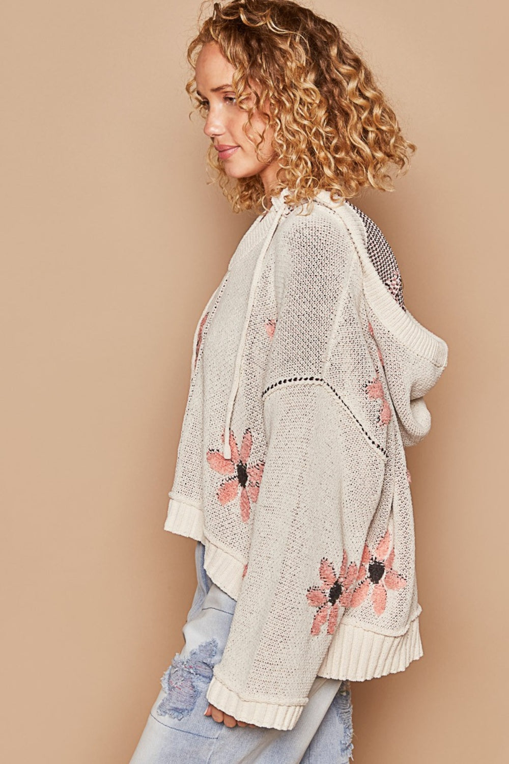 POL Floral Pattern Hooded High-Low Hem Sweater in Pale Almond