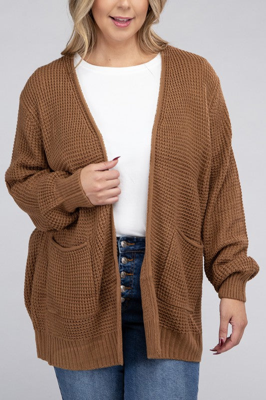 Zenana Plus Waffle-Knit Open Front Tunic Cardigan Sweater with Pockets in 5 Colors