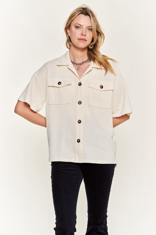 Jade By Jane Smiley Face on Back Button-Down Short Sleeve Shirt in 3 Colors