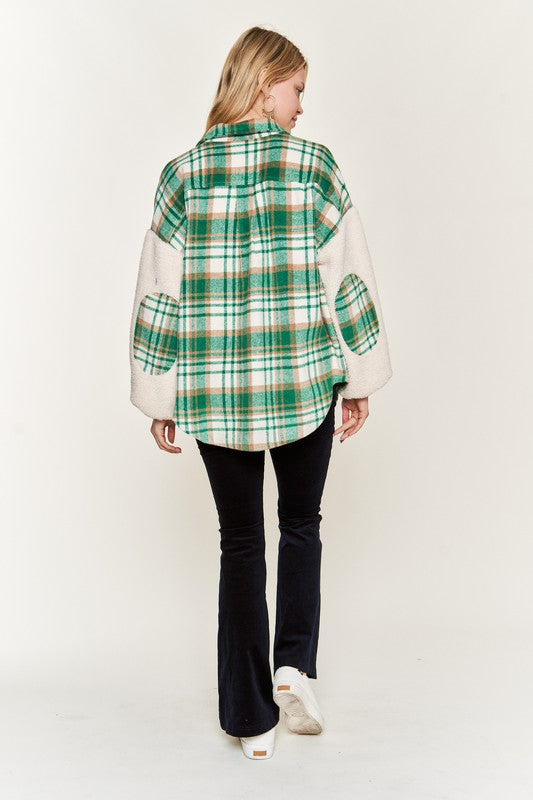 JADE BY JANE PLUS SIZE MULTI PLAID FUZZY SLEEVE JACKET IN 2 COLORS