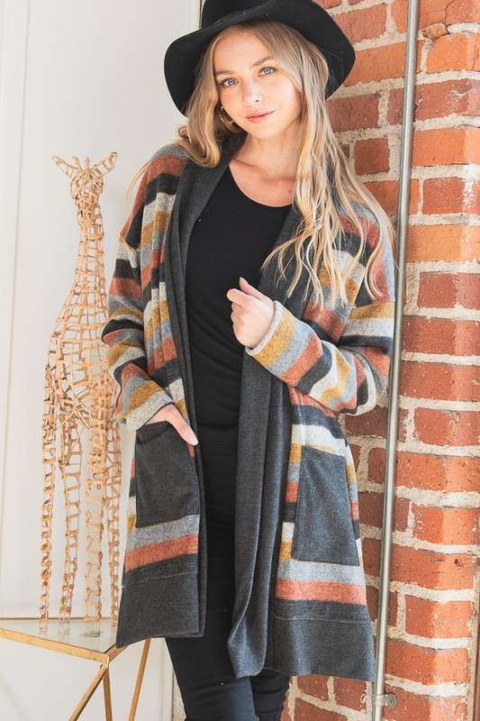 Jade by Jane Plus Multicolor Striped Longline Open Front Cardigan Sweater