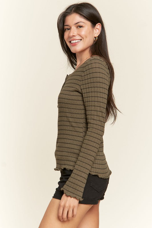 Jade By Jane Quilted Lettuce Edge Long Sleeve Henley T-Shirt in 3 Colors