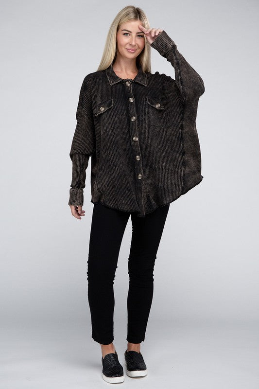 Zenana Acid Washed Oversized Waffle-Knit Shirt Jacket in Ash Black