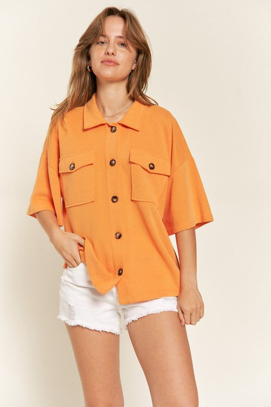 Jade By Jane Smiley Face on Back Button-Down Short Sleeve Shirt in 3 Colors