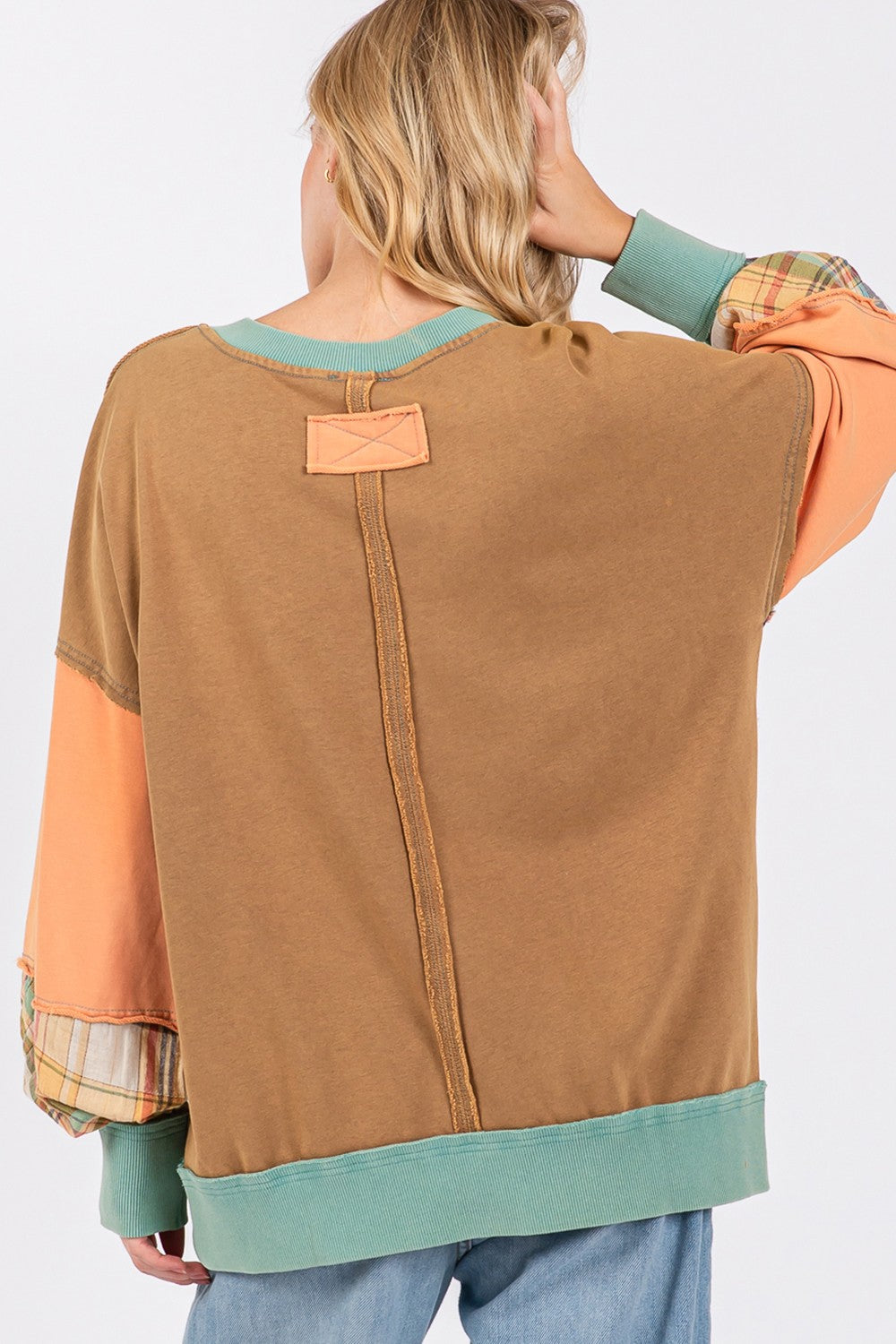 SAGE + FIG Mineral Wash Color Block Raw Edge Sweatshirt in Hazelnut Brown Multi NWT