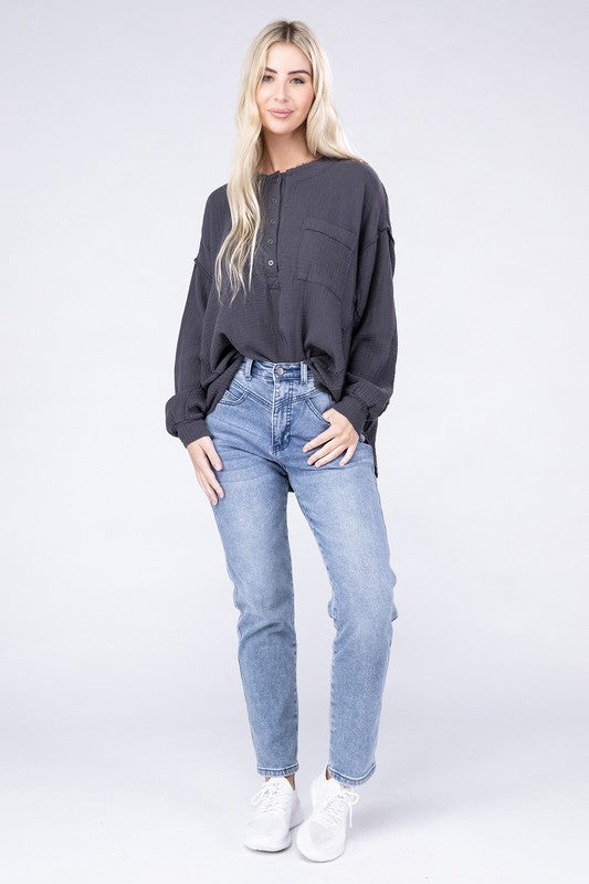 Zenana Double Cotton Gauze Oversized Raw Hem Henley Shirt in 8 Colors