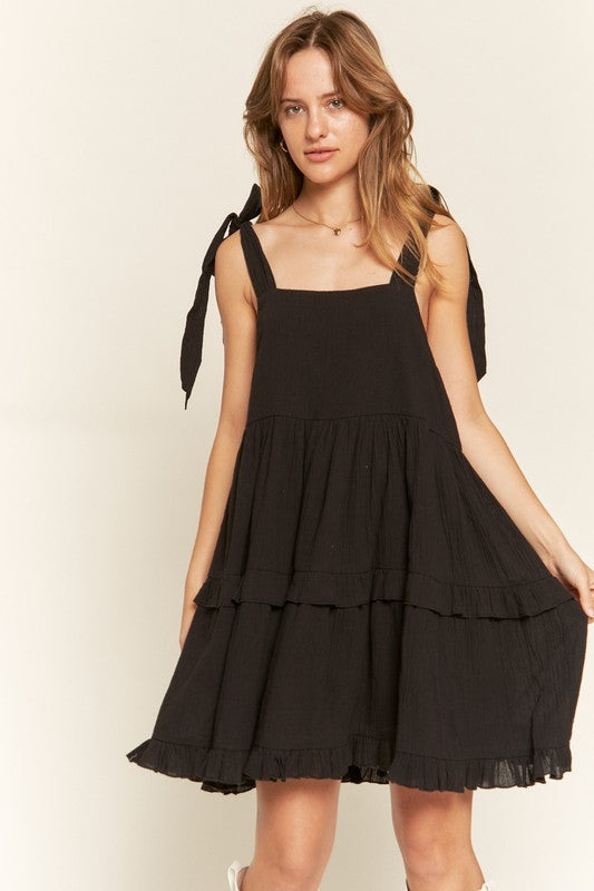 Jade by Jane Cotton Square Neck Ruffle Dress in Black