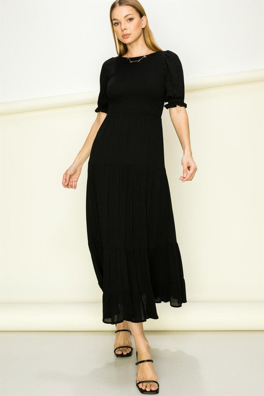 HYFVE Half Sleeve Smocked Backless Tiered Maxi Dress in Black