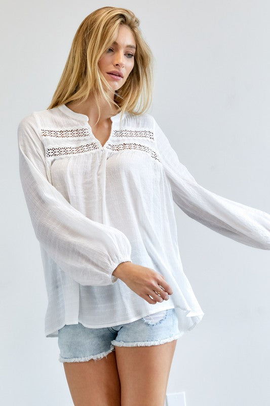 Davi & Dani Eyelet Long Sleeve V-Neck Blouse in Off White