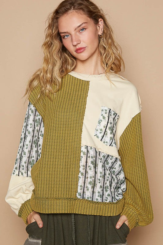 POL Floral Patchwork Color Block Sweatshirt in Yellow-Green Multi NWT