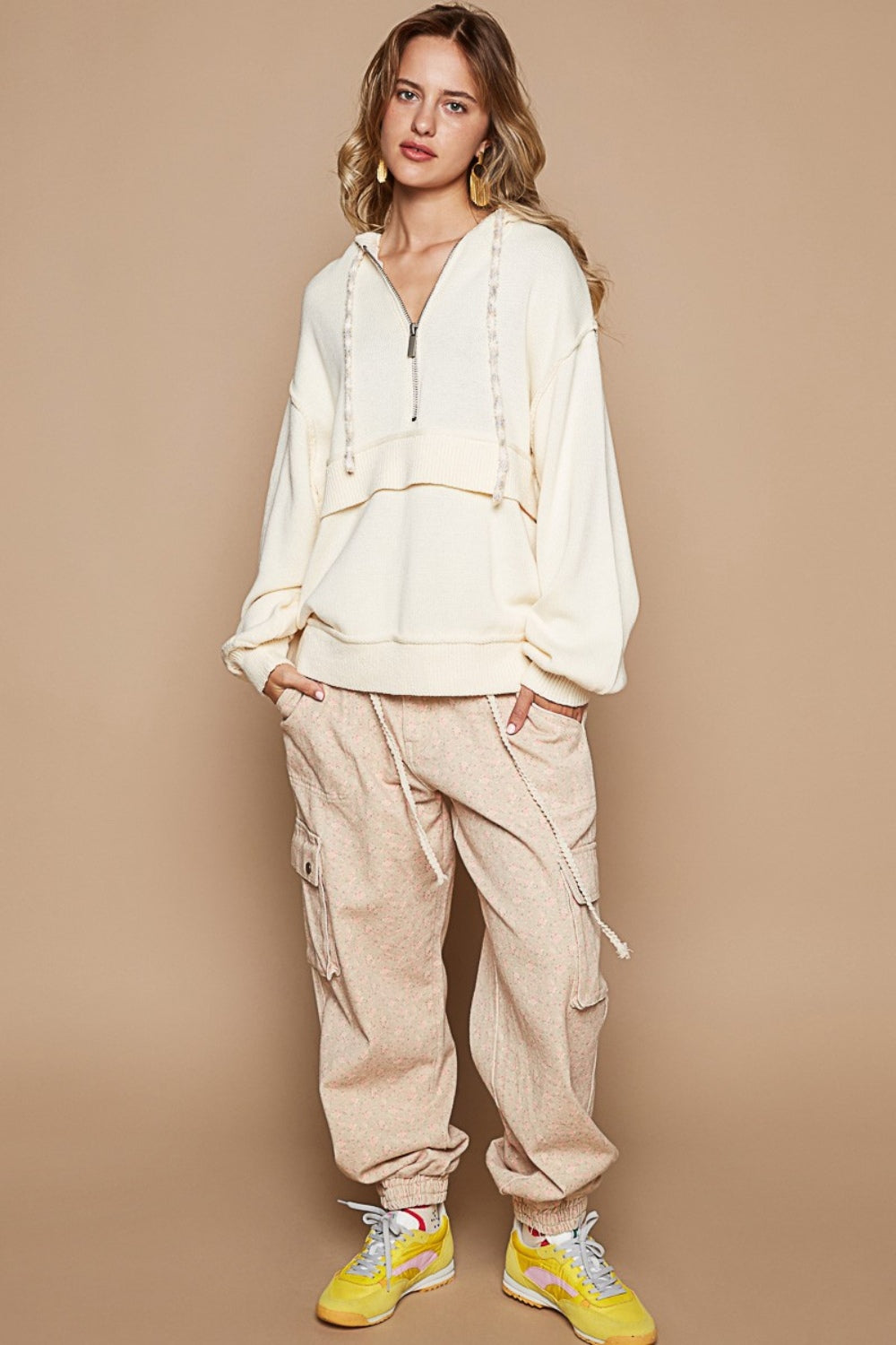 POL Half Zip Drop Shoulder Hooded Sweater in Provence Cream