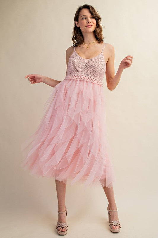 Sweet Generis Crocheted Tulle Cami Midi Dress in Pink or Black