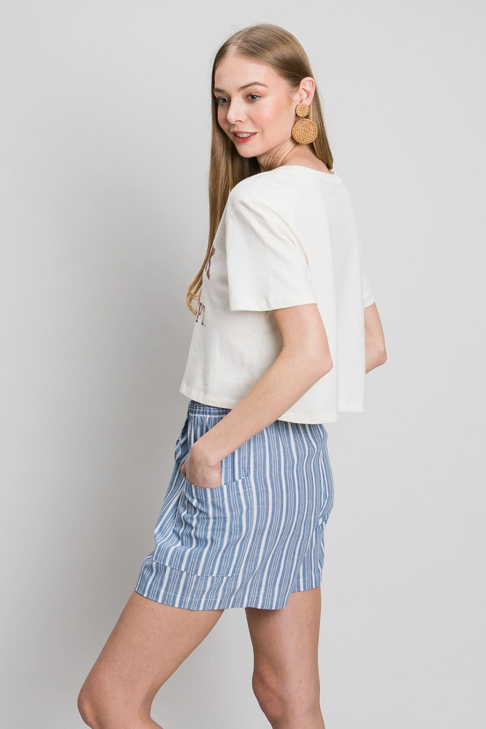 Cotton Bleu Yarn Dyed Drawstring Shorts in Blue Stripe