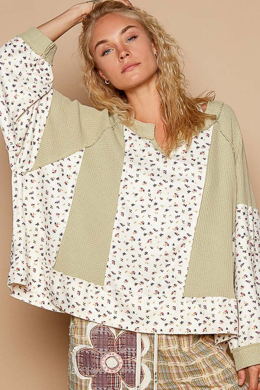 POL Floral & Waffle-Knit Patchwork Notched V-Neck Top in Sage Green Multi NWT