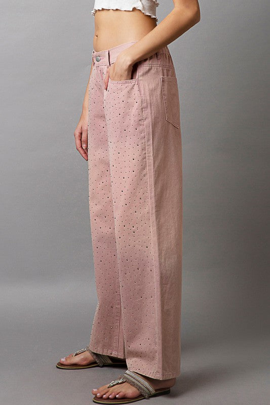 POL Rhinestone Front Color Gradient Wide Leg Pants in Dusty Pink NWT