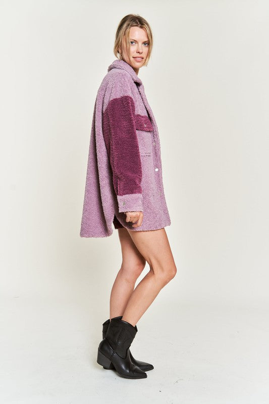 Jade By Jane Colorblock Sherpa Shirt Jacket in Berry or Taupe