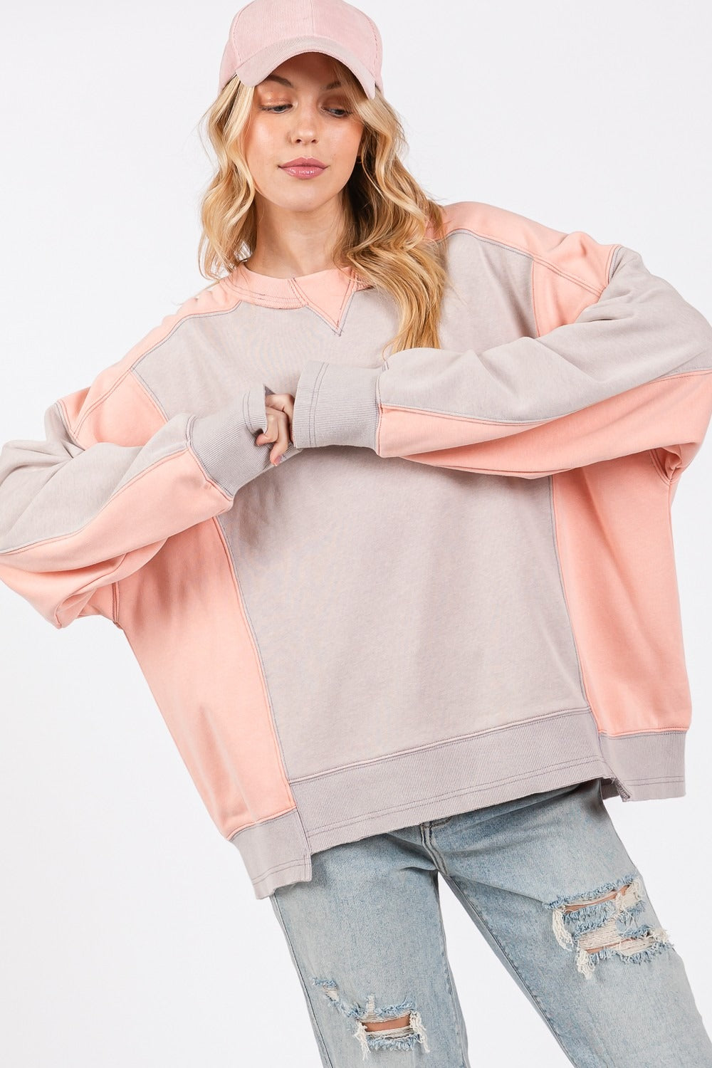 SAGE + FIG Oversized Color Block Round Neck Sweatshirt Top in Gray/Peach