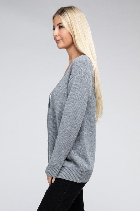 Zenana Melange Open Front Cardigan Sweater with Pockets in 4 Colors