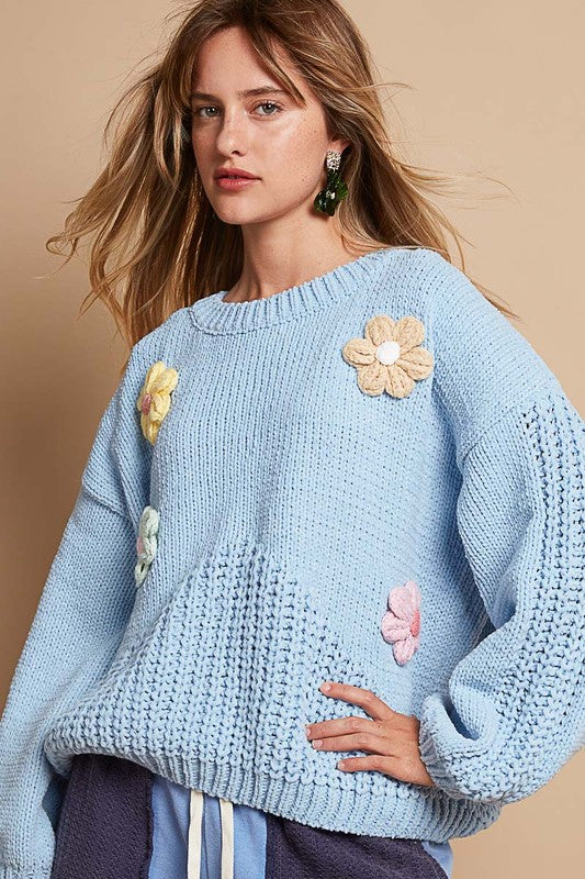 POL Crochet Flower Dropped Shoulder Round Neck Sweater in Light Blue Multi NWT