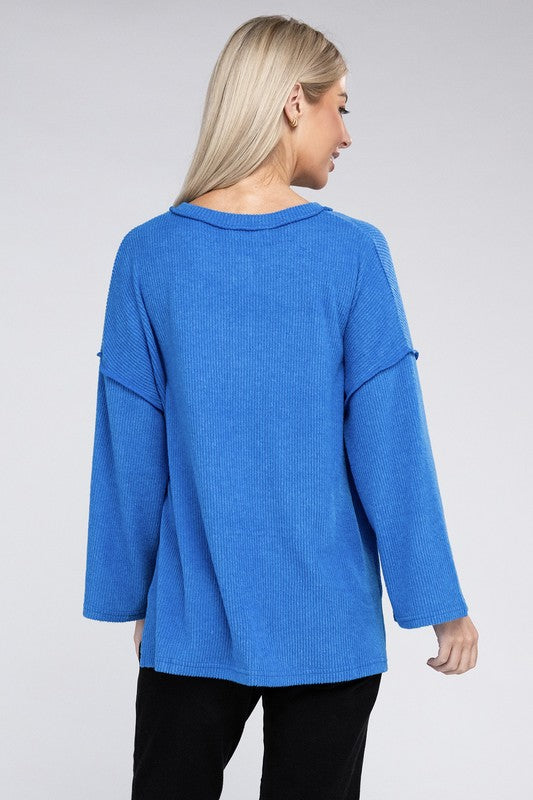 Zenana Slit Hem Bell Sleeve Ribbed Henley Sweater in 5 Colors