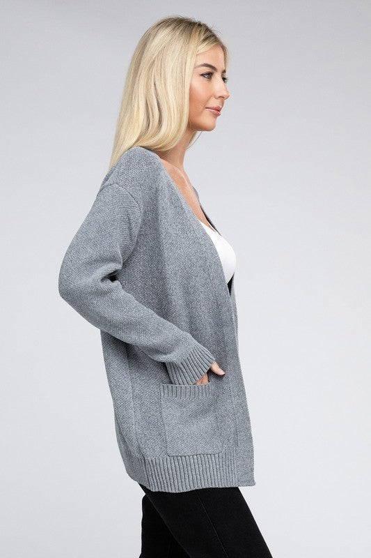 Zenana Melange Open Front Cardigan Sweater with Pockets in 4 Colors