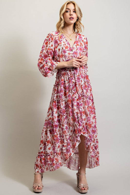 Sweet Generis Floral High Low Hem V-Neck Maxi Dress