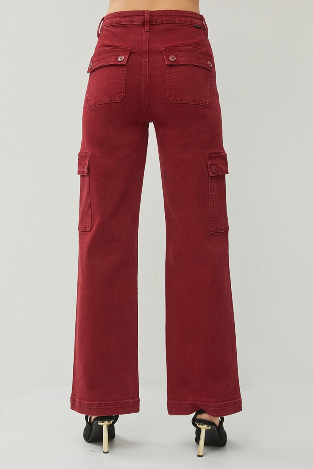 RISEN Full Size High Rise Wide Leg Cargo Jeans in Wine Red